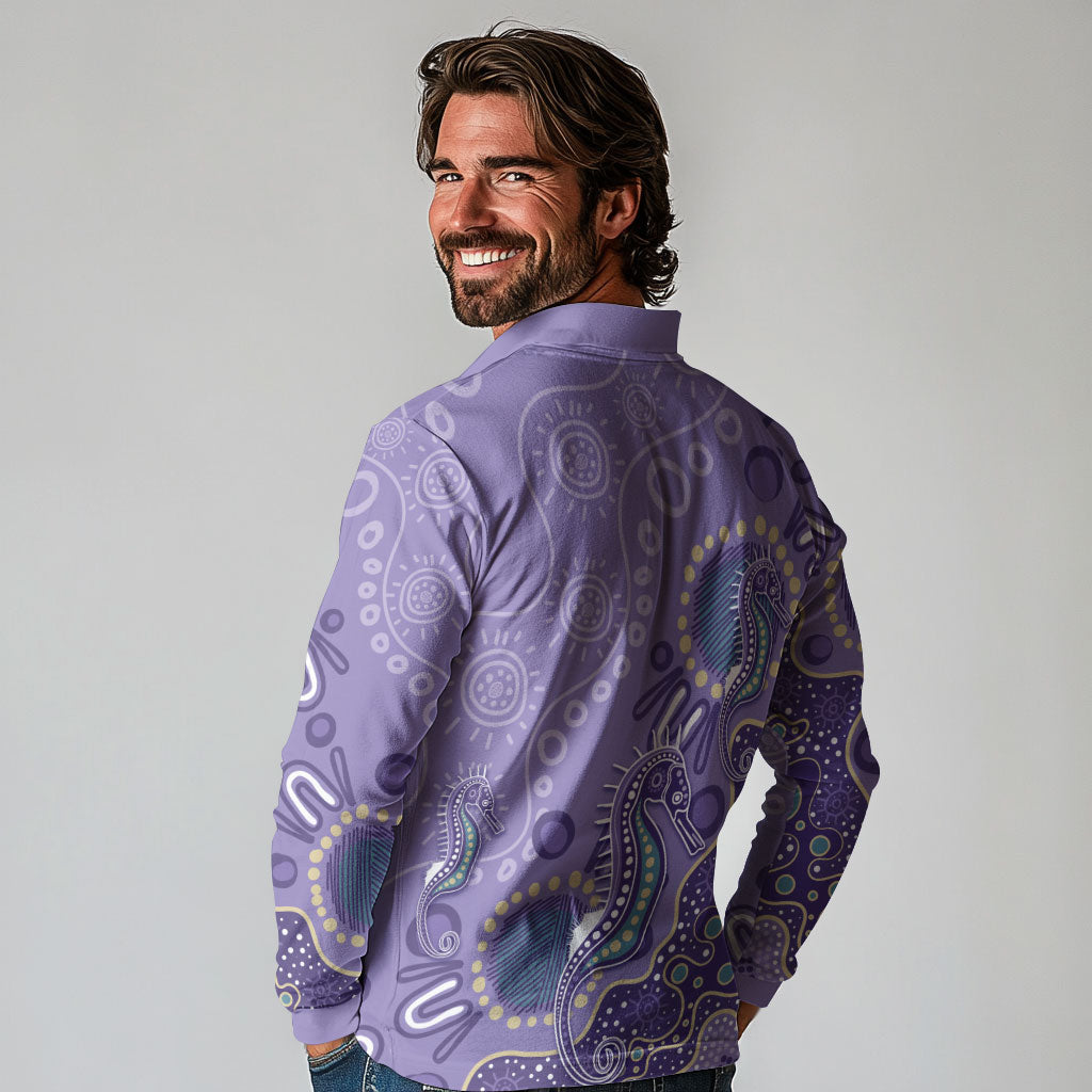 Australia Epilepsy Month Long Sleeve Polo Shirt Aboriginal Purple Ribbon with Seahorse