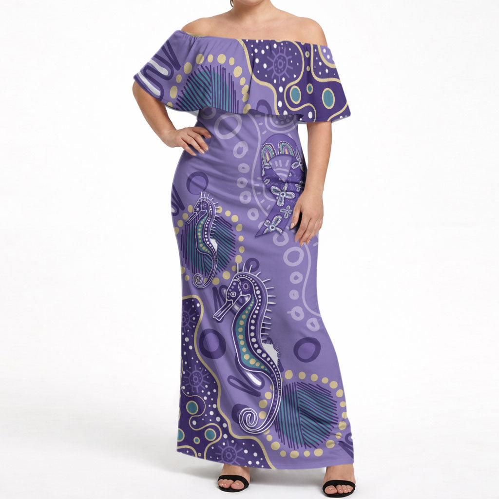 Australia Epilepsy Month Off Shoulder Maxi Dress Aboriginal Purple Ribbon with Seahorse