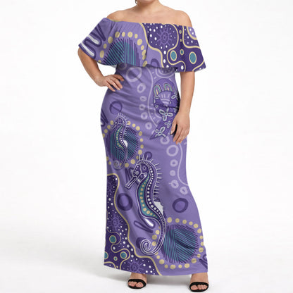 Australia Epilepsy Month Off Shoulder Maxi Dress Aboriginal Purple Ribbon with Seahorse