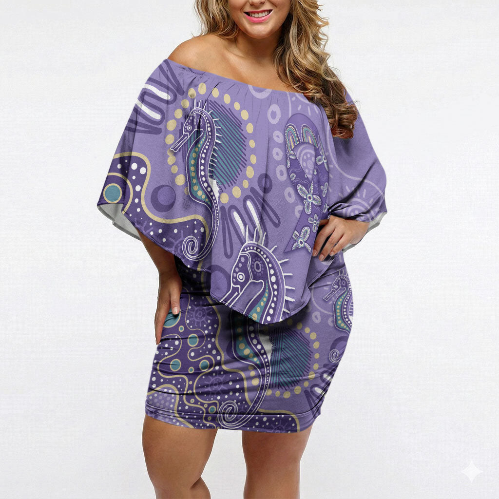 Australia Epilepsy Month Off Shoulder Short Dress Aboriginal Purple Ribbon with Seahorse