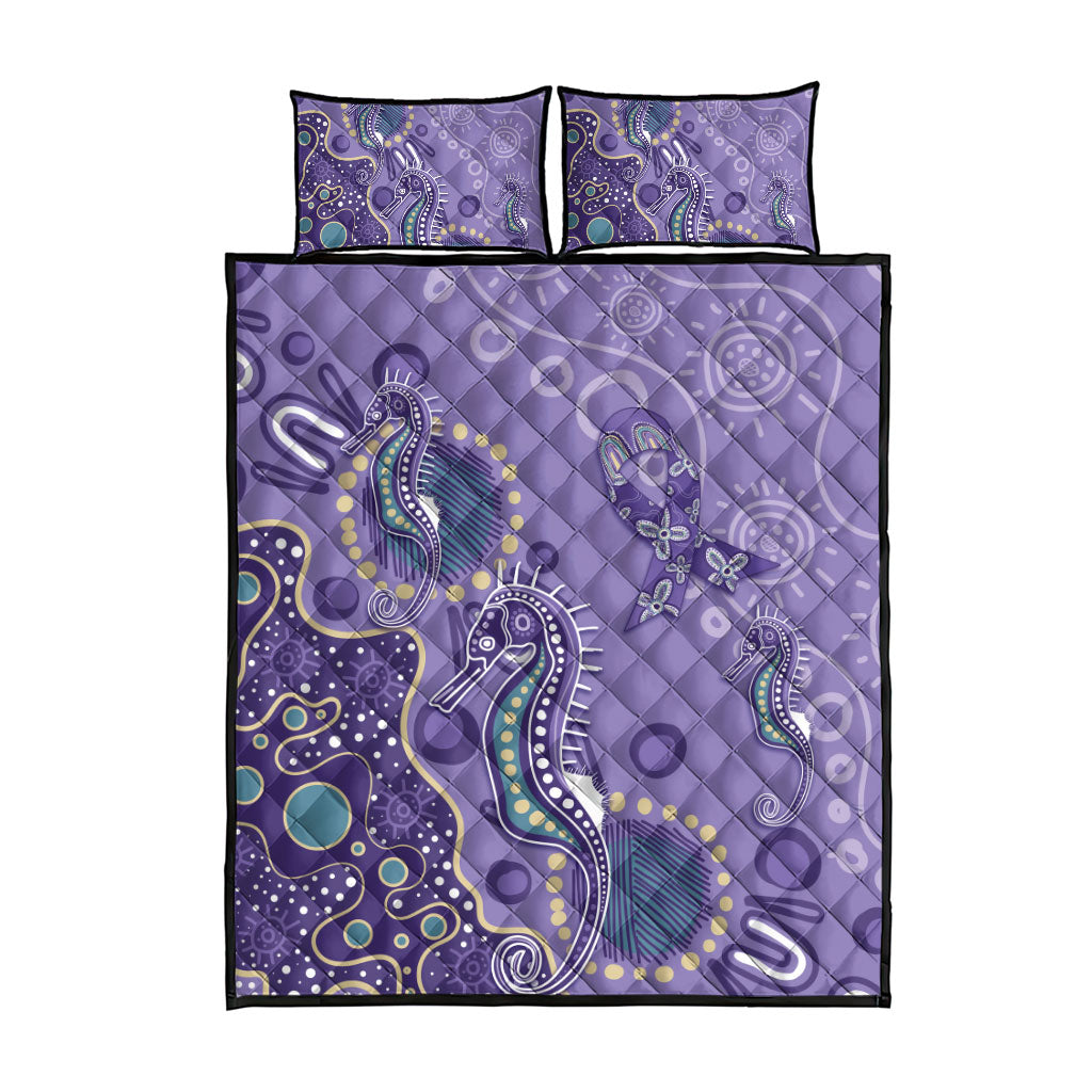 Australia Epilepsy Month Quilt Bed Set Aboriginal Purple Ribbon with Seahorse