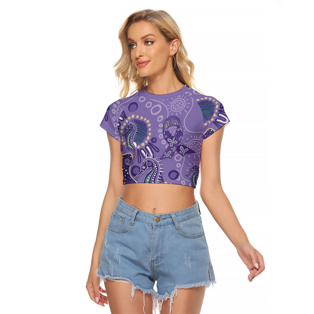 Australia Epilepsy Month Raglan Cropped T Shirt Aboriginal Purple Ribbon with Seahorse