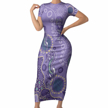 Australia Epilepsy Month Short Sleeve Bodycon Dress Aboriginal Purple Ribbon with Seahorse