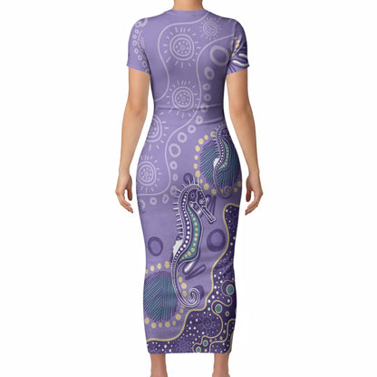 Australia Epilepsy Month Short Sleeve Bodycon Dress Aboriginal Purple Ribbon with Seahorse