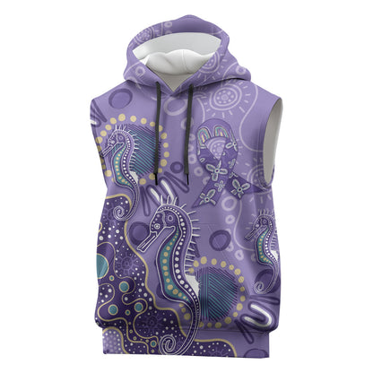 Australia Epilepsy Month Sleeveless Hoodie Aboriginal Purple Ribbon with Seahorse