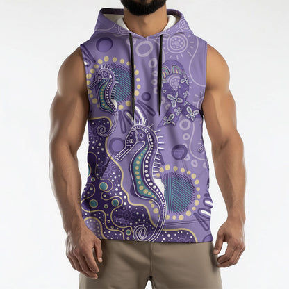 Australia Epilepsy Month Sleeveless Hoodie Aboriginal Purple Ribbon with Seahorse