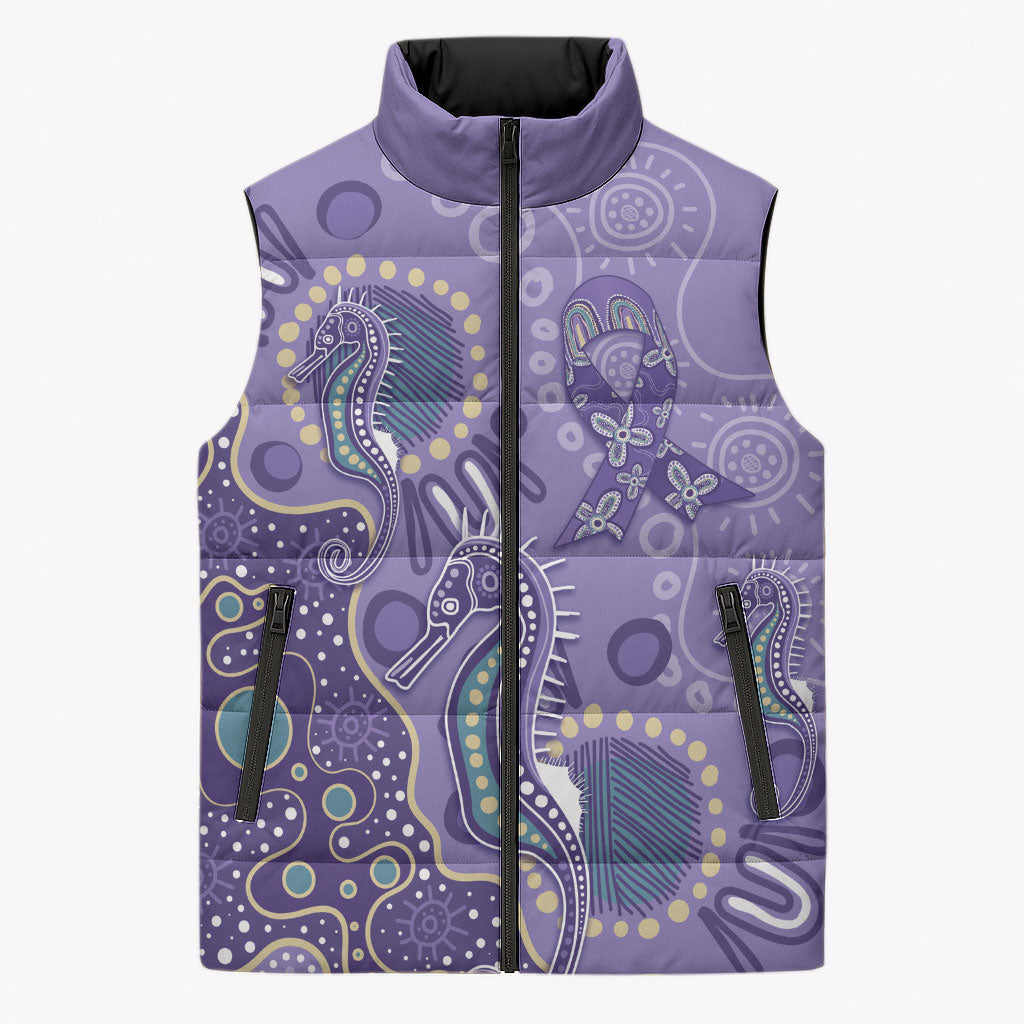 Australia Epilepsy Month Sleeveless Puffer Jacket Aboriginal Purple Ribbon with Seahorse