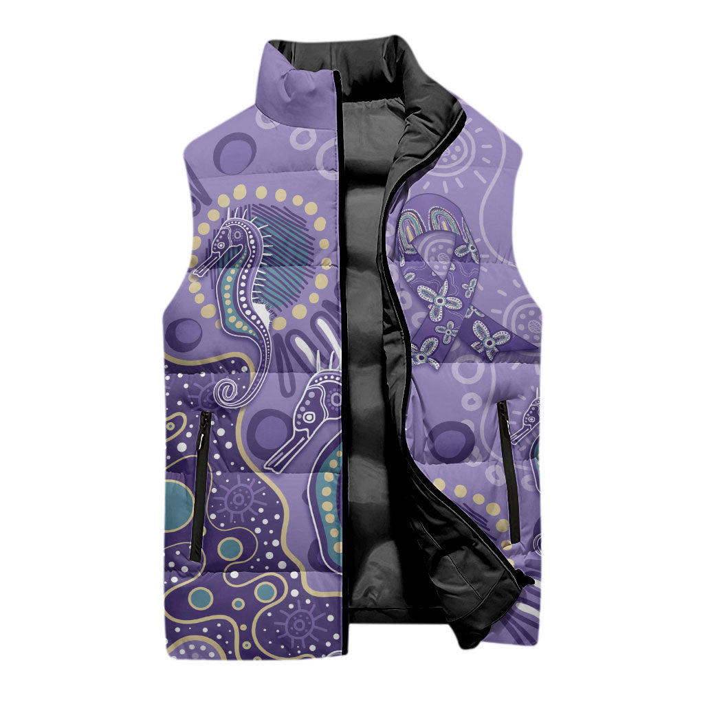 Australia Epilepsy Month Sleeveless Puffer Jacket Aboriginal Purple Ribbon with Seahorse