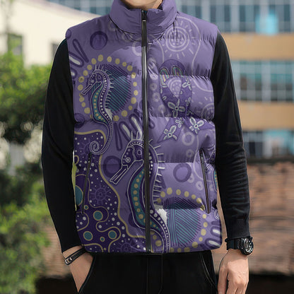 Australia Epilepsy Month Sleeveless Puffer Jacket Aboriginal Purple Ribbon with Seahorse