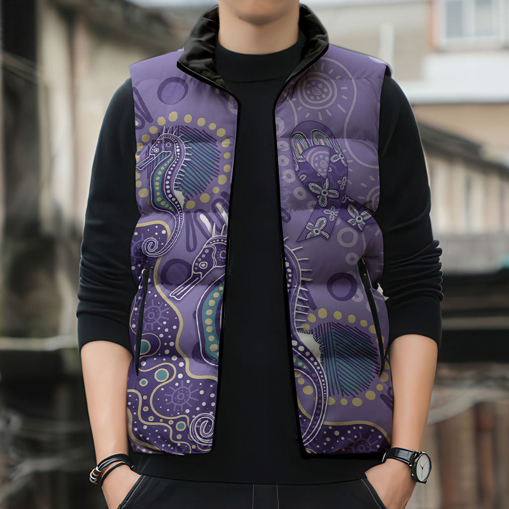 Australia Epilepsy Month Sleeveless Puffer Jacket Aboriginal Purple Ribbon with Seahorse