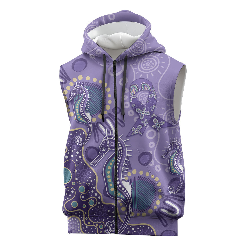 Australia Epilepsy Month Sleeveless Zip Hoodie Aboriginal Purple Ribbon with Seahorse
