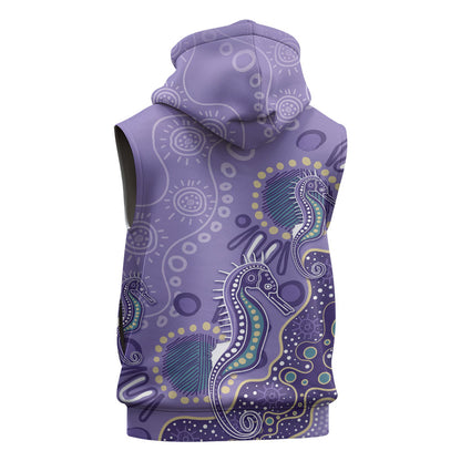 Australia Epilepsy Month Sleeveless Zip Hoodie Aboriginal Purple Ribbon with Seahorse