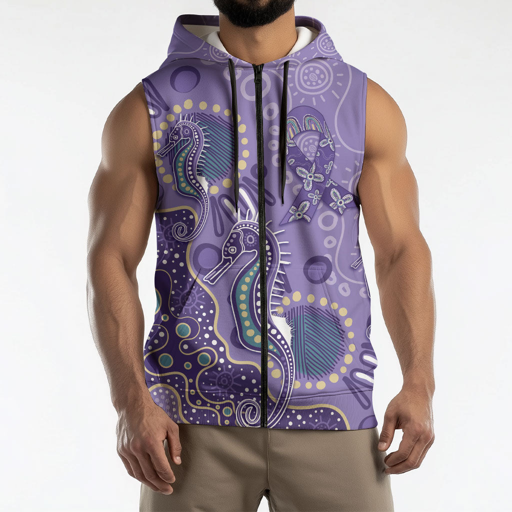 Australia Epilepsy Month Sleeveless Zip Hoodie Aboriginal Purple Ribbon with Seahorse