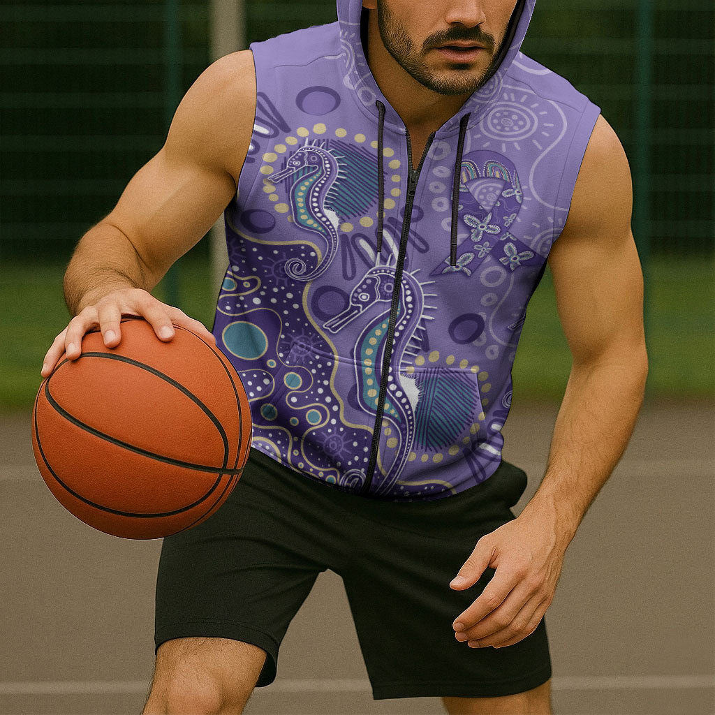 Australia Epilepsy Month Sleeveless Zip Hoodie Aboriginal Purple Ribbon with Seahorse