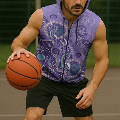 Australia Epilepsy Month Sleeveless Zip Hoodie Aboriginal Purple Ribbon with Seahorse