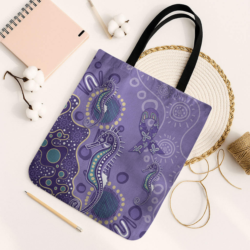 Australia Epilepsy Month Tote Bag Aboriginal Purple Ribbon with Seahorse