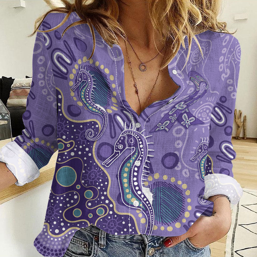Australia Epilepsy Month Women Casual Shirt Aboriginal Purple Ribbon with Seahorse