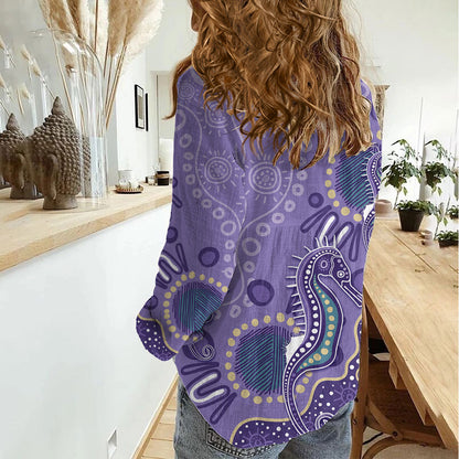 Australia Epilepsy Month Women Casual Shirt Aboriginal Purple Ribbon with Seahorse
