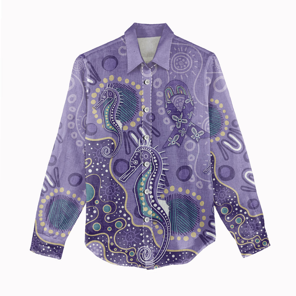 Australia Epilepsy Month Women Casual Shirt Aboriginal Purple Ribbon with Seahorse