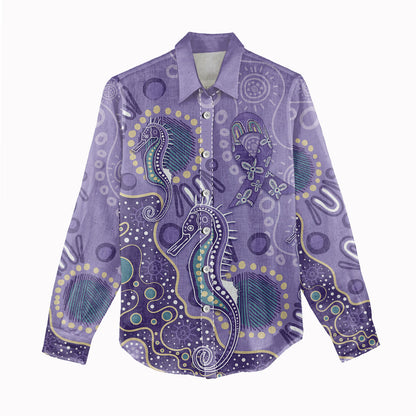 Australia Epilepsy Month Women Casual Shirt Aboriginal Purple Ribbon with Seahorse