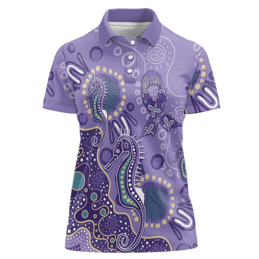 Australia Epilepsy Month Women Polo Shirt Aboriginal Purple Ribbon with Seahorse
