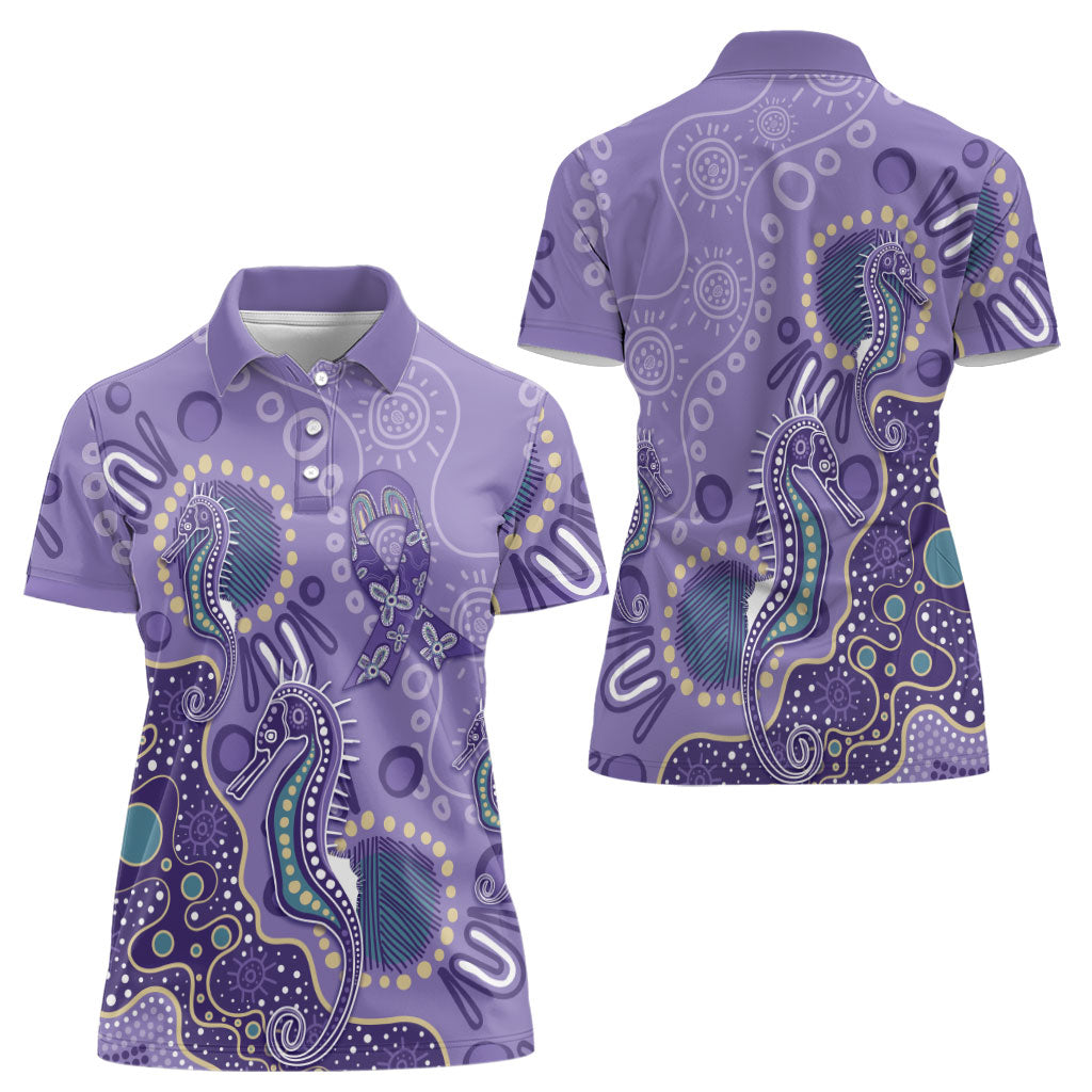 Australia Epilepsy Month Women Polo Shirt Aboriginal Purple Ribbon with Seahorse