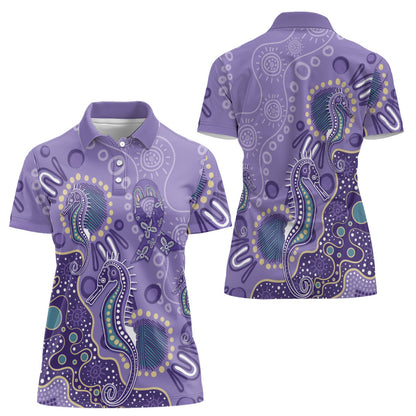 Australia Epilepsy Month Women Polo Shirt Aboriginal Purple Ribbon with Seahorse