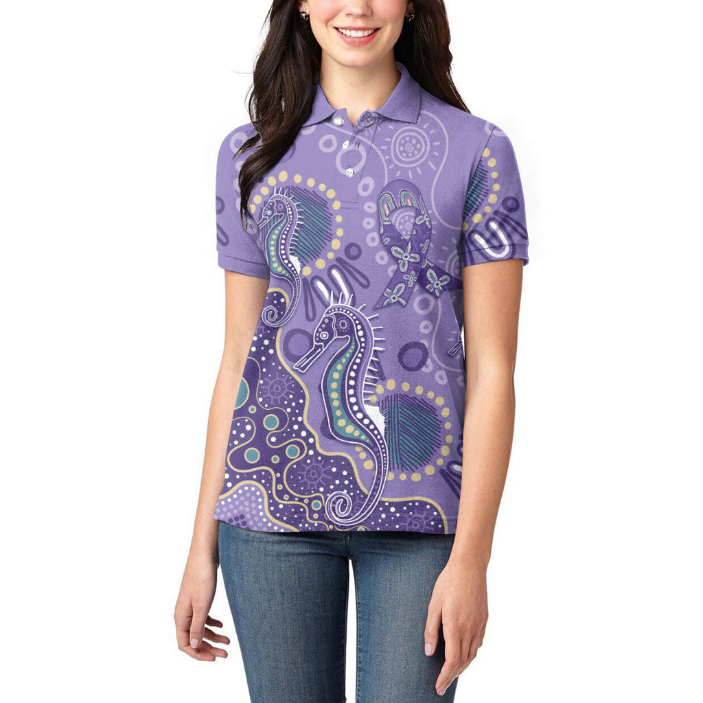Australia Epilepsy Month Women Polo Shirt Aboriginal Purple Ribbon with Seahorse