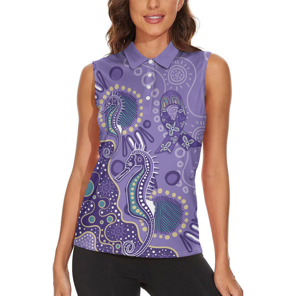 Australia Epilepsy Month Women Sleeveless Polo Shirt Aboriginal Purple Ribbon with Seahorse