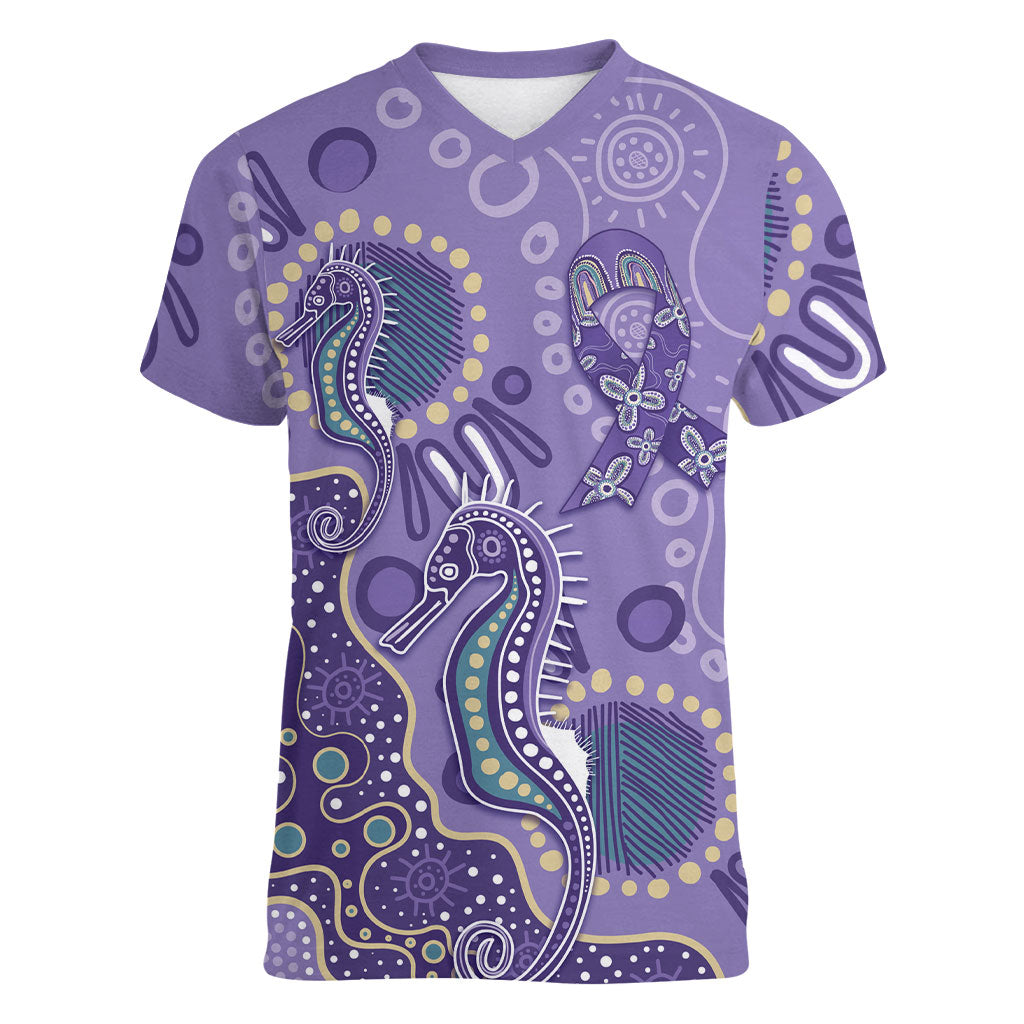 Australia Epilepsy Month Women V-Neck T-Shirt Aboriginal Purple Ribbon with Seahorse