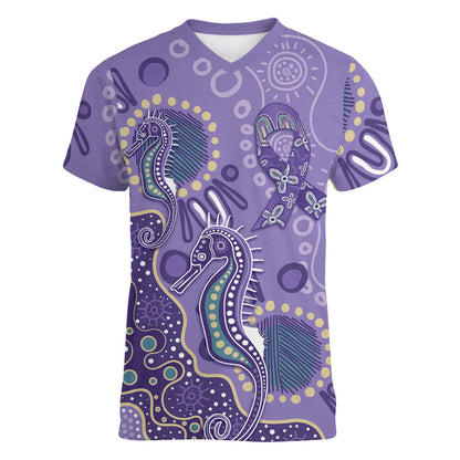 Australia Epilepsy Month Women V-Neck T-Shirt Aboriginal Purple Ribbon with Seahorse