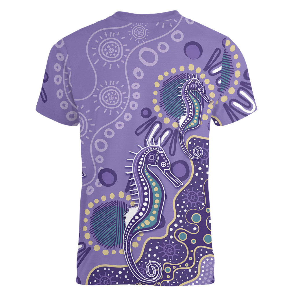 Australia Epilepsy Month Women V-Neck T-Shirt Aboriginal Purple Ribbon with Seahorse