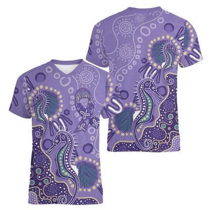 Australia Epilepsy Month Women V-Neck T-Shirt Aboriginal Purple Ribbon with Seahorse