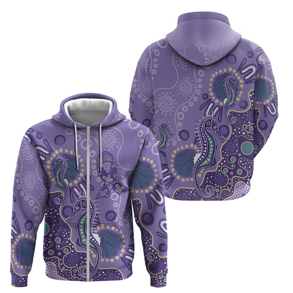 Australia Epilepsy Month Zip Hoodie Aboriginal Purple Ribbon with Seahorse