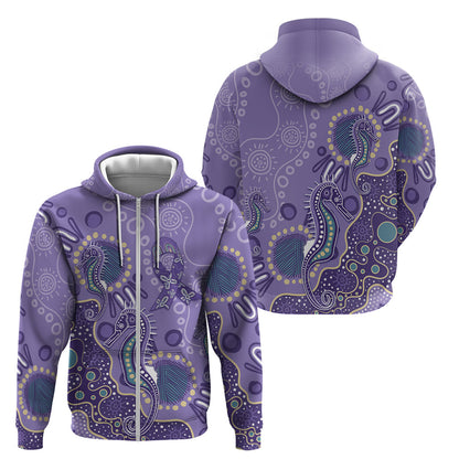 Australia Epilepsy Month Zip Hoodie Aboriginal Purple Ribbon with Seahorse