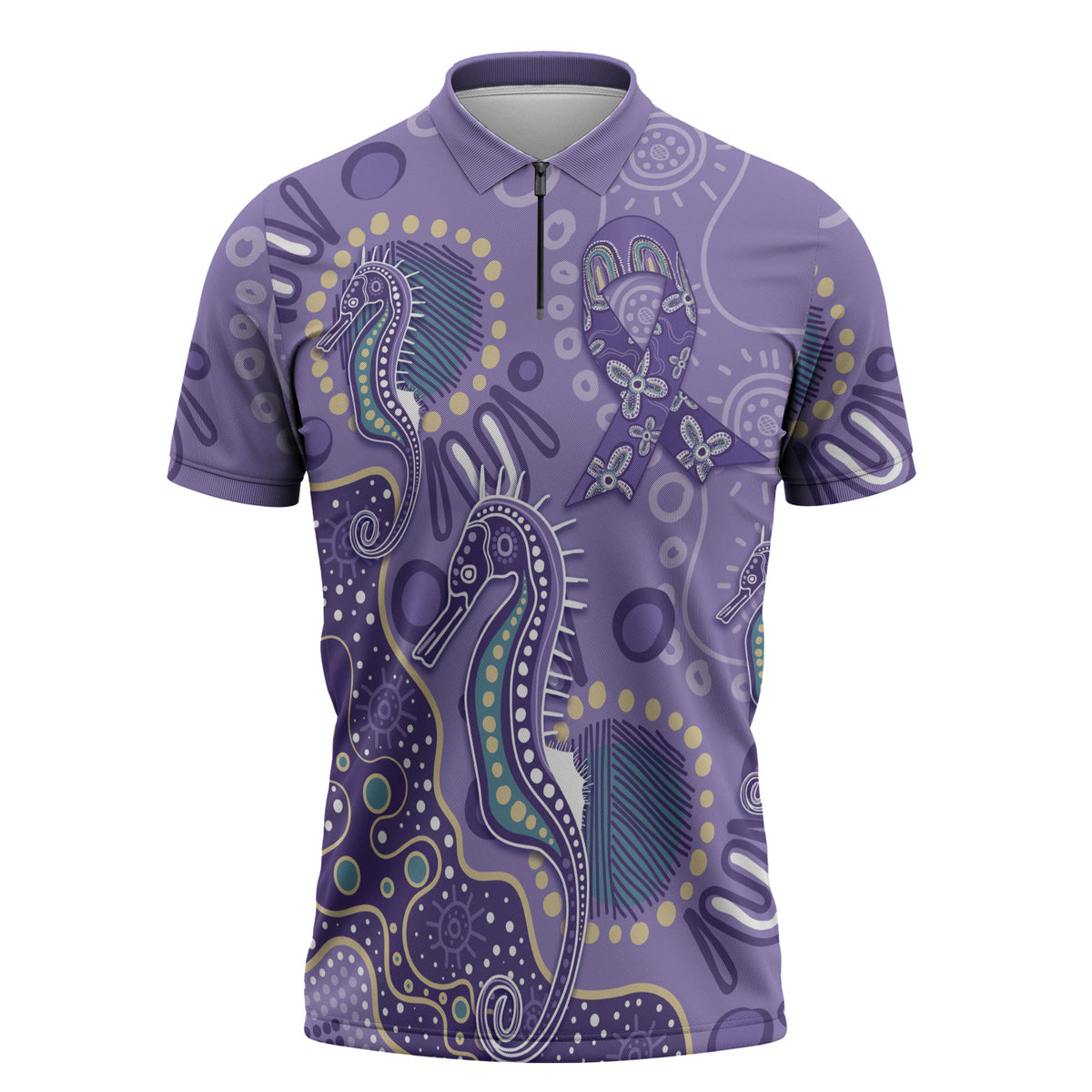 Australia Epilepsy Month Zipper Polo Shirt Aboriginal Purple Ribbon with Seahorse