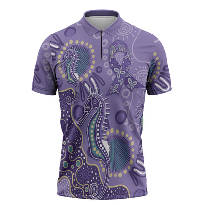 Australia Epilepsy Month Zipper Polo Shirt Aboriginal Purple Ribbon with Seahorse