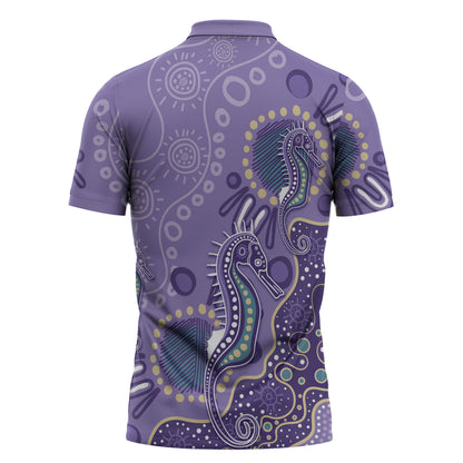 Australia Epilepsy Month Zipper Polo Shirt Aboriginal Purple Ribbon with Seahorse