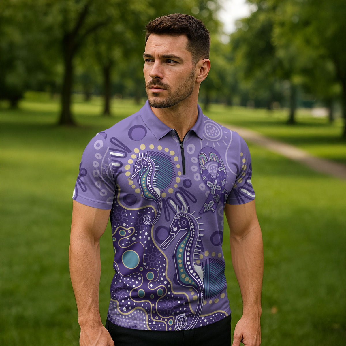 Australia Epilepsy Month Zipper Polo Shirt Aboriginal Purple Ribbon with Seahorse