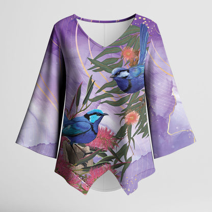 Australia Splendid Fairy Wren on Eucalyptus Kimono Sleeve Blouse Epilepsy Prevention