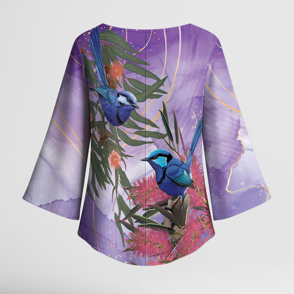 Australia Splendid Fairy Wren on Eucalyptus Kimono Sleeve Blouse Epilepsy Prevention