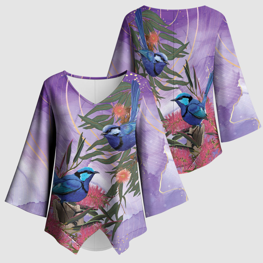 Australia Splendid Fairy Wren on Eucalyptus Kimono Sleeve Blouse Epilepsy Prevention