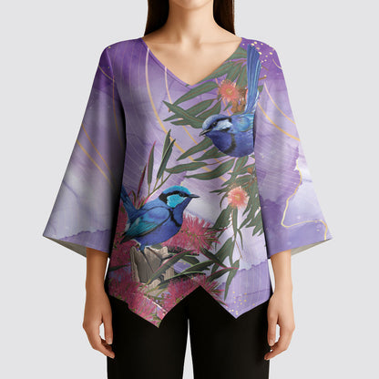 Australia Splendid Fairy Wren on Eucalyptus Kimono Sleeve Blouse Epilepsy Prevention