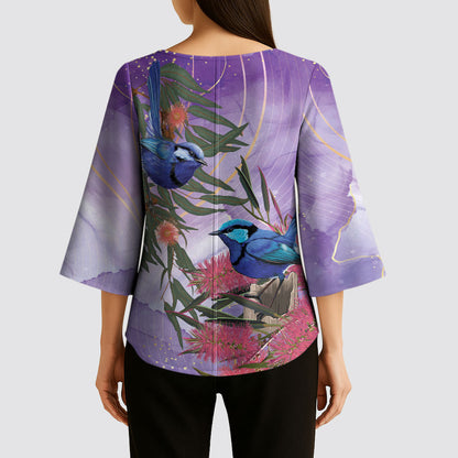 Australia Splendid Fairy Wren on Eucalyptus Kimono Sleeve Blouse Epilepsy Prevention