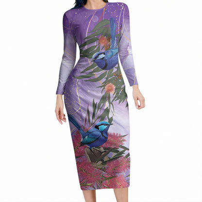 Australia Splendid Fairy Wren on Eucalyptus Long Sleeve Bodycon Dress Epilepsy Prevention