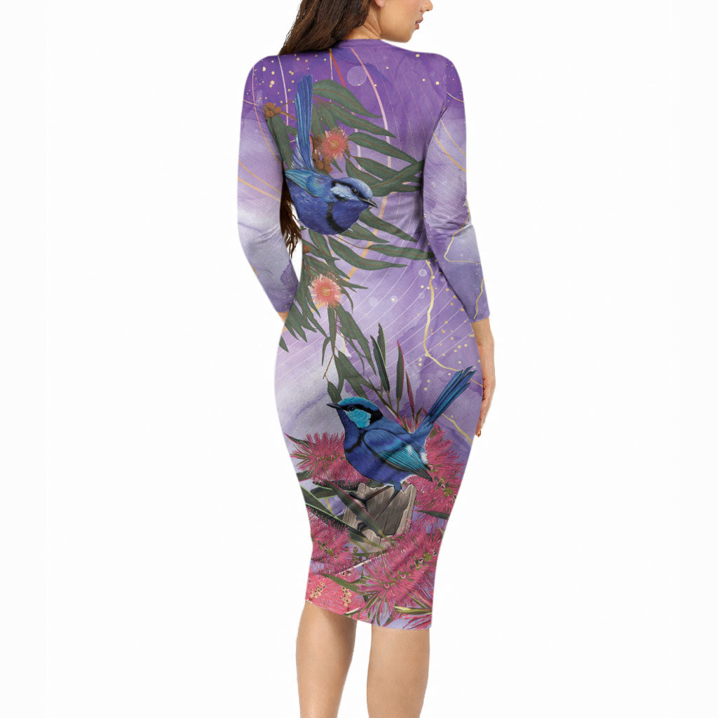 Australia Splendid Fairy Wren on Eucalyptus Long Sleeve Bodycon Dress Epilepsy Prevention