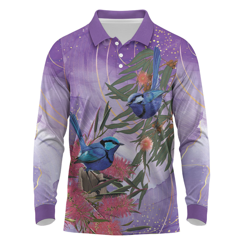 Australia Splendid Fairy Wren on Eucalyptus Long Sleeve Polo Shirt Epilepsy Prevention