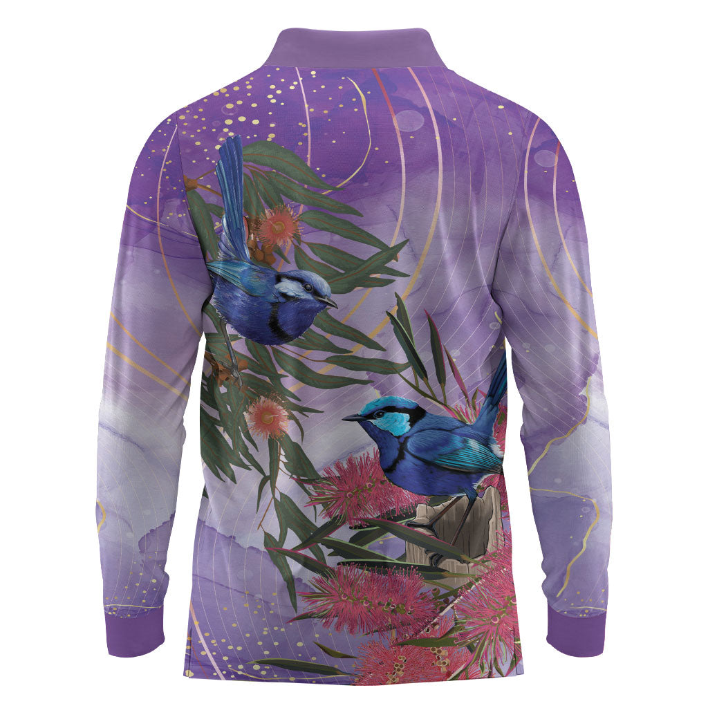 Australia Splendid Fairy Wren on Eucalyptus Long Sleeve Polo Shirt Epilepsy Prevention