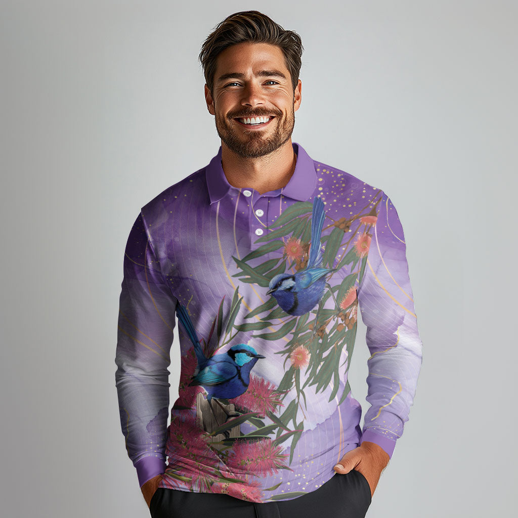 Australia Splendid Fairy Wren on Eucalyptus Long Sleeve Polo Shirt Epilepsy Prevention