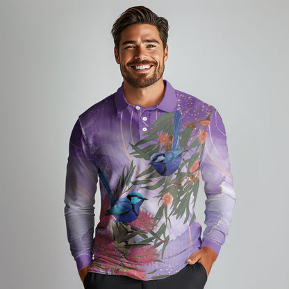Australia Splendid Fairy Wren on Eucalyptus Long Sleeve Polo Shirt Epilepsy Prevention